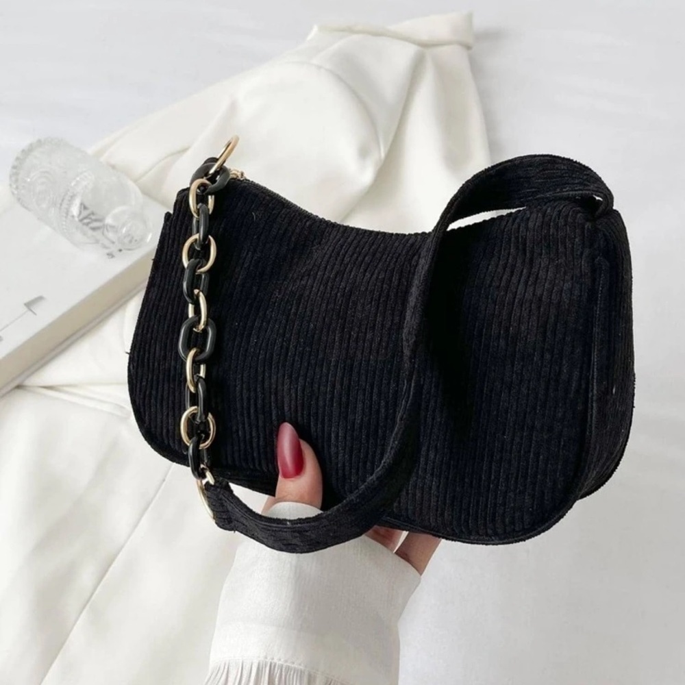 Black Corduroy Velvet Shoulder Bag withChain Strap Detail + Gold Hardware NWOT - Picture 2 of 8
